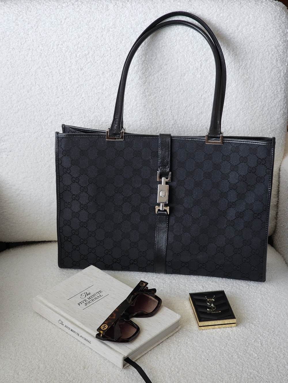Vintage Gucci Monogram Jackie Bardot Large Black Tote Archival Tom Ford Y2K Era